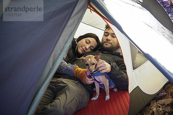 Ehepaar mit Hund entspannt sich im Zelt