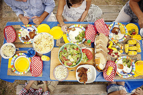 Draufsicht auf die Familie beim Essen am Picknicktisch