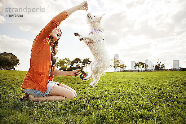 Seitenansicht einer fröhlichen Frau  die mit einem Hund auf einem Grasfeld spielt