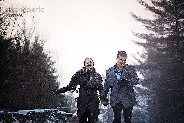 Glückliches Paar hält sich an den Händen und geht im Wald gegen den Himmel