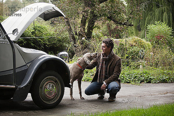 Mann kauert  während er einen Hund mit einem Oldtimer anschaut