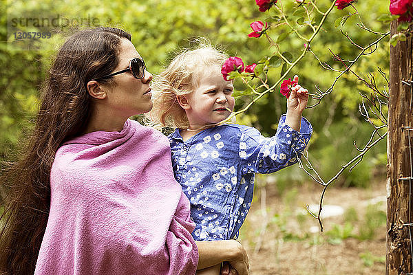 Mutter trägt Mädchen  das Blumen pflückt