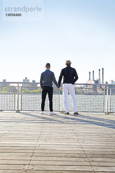 Rückansicht von schwulen Männern  die sich an den Händen halten  während sie am Pier vor klarem Himmel stehen