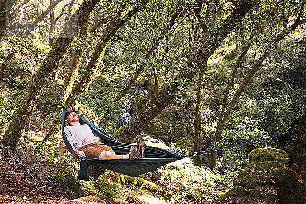 Mann entspannt sich auf Hängematte im Wald