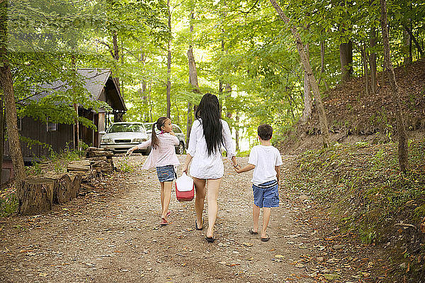 Rückansicht einer Mutter  die mit Kindern auf einem Feldweg im Wald läuft