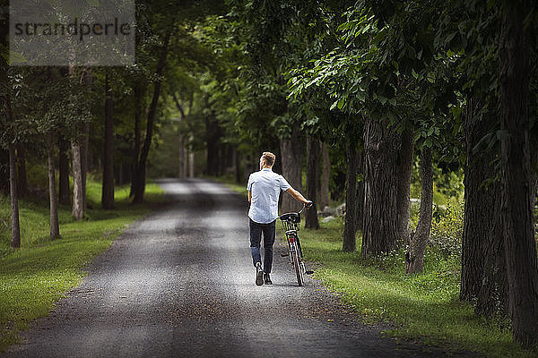 Mann zu Fuß auf Straße mit Fahrrad im Wald