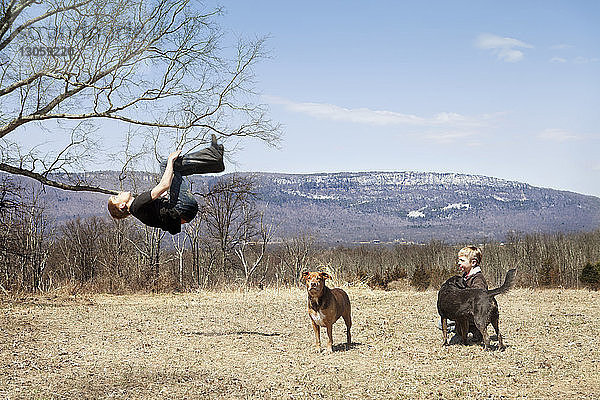 Junge Backflipping durch Bruder und Hunde auf dem Feld