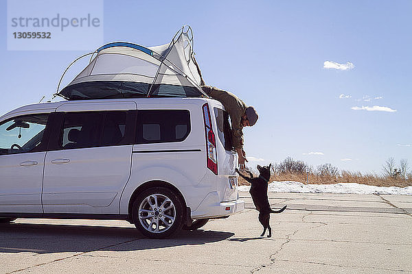 Seitenansicht eines Mannes  der einen sich aufbäumenden Hund erreicht  während er im Zelt auf dem Autodach des Campingplatzes sitzt