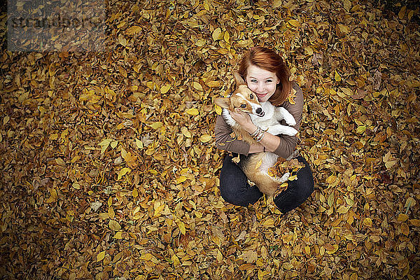 Hochwinkelansicht einer Frau  die einen Hund umarmt  während sie auf Herbstblättern sitzt