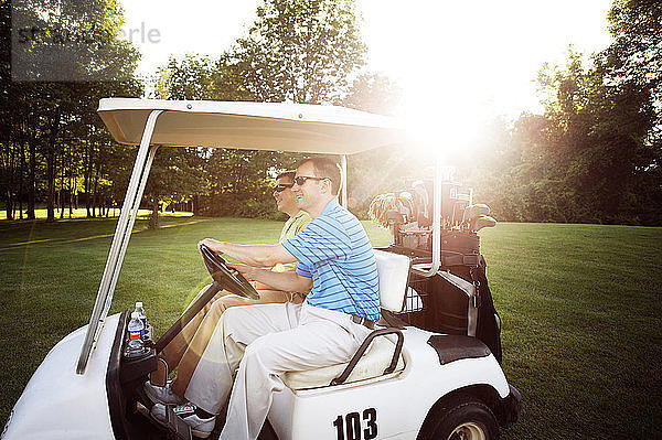 Seitenansicht eines glücklichen Mannes  der mit einem Freund auf dem Feld einen Golfwagen fährt