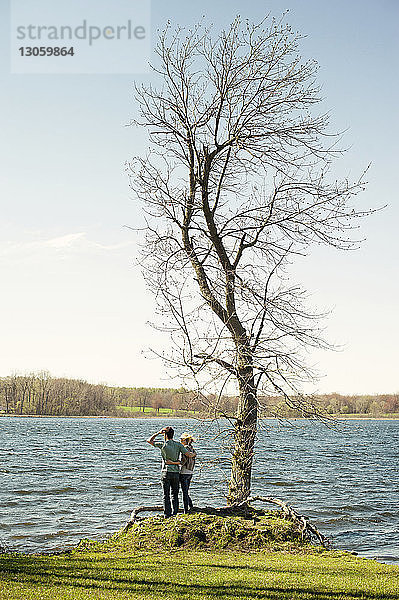 Rückansicht eines Paares  das an einem kahlen Baum am Flussufer steht