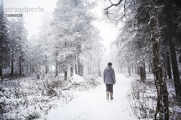 Rückansicht einer Frau  die im schneebedeckten Wald spazieren geht