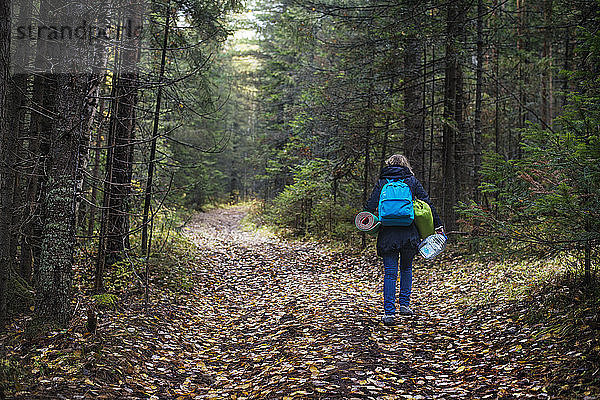 Rückansicht einer Wanderin mit Rucksäcken  die auf einem Feldweg im Wald unterwegs ist