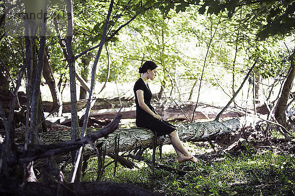 Teenager-Mädchen sitzt auf umgestürztem Baumstamm im Wald