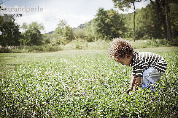 Glücklicher Junge spielt auf Grasfeld