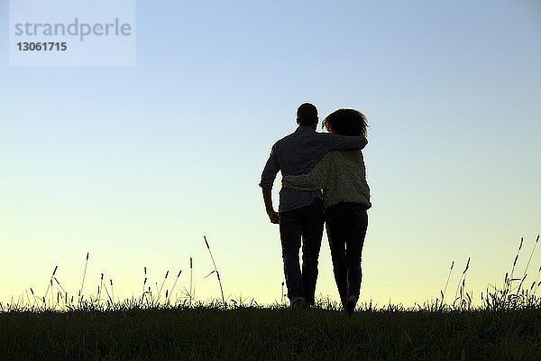 Silhouette eines auf Gras stehenden Paares vor klarem Himmel