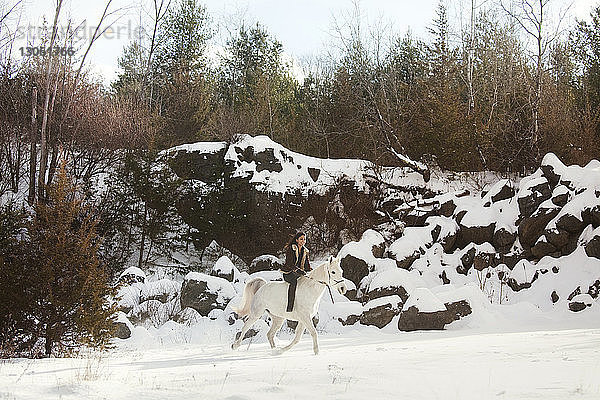 Glückliche Frau reitet Pferd auf Schneefeld