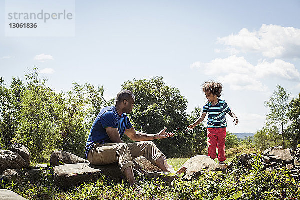 Vater und Sohn spielen an einem sonnigen Tag im Garten mit Steinen
