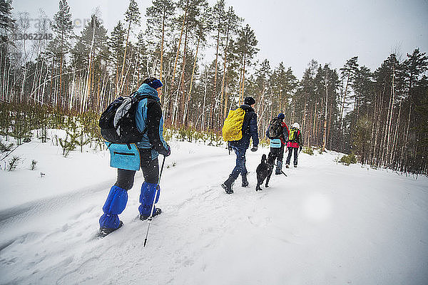 Rückansicht von Freunden  die einen Rucksack tragen  während sie auf einem schneebedeckten Feld gehen