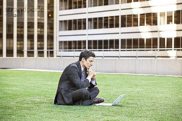 Nachdenklicher Geschäftsmann schaut auf Laptop-Computer  während er auf Grasfeld sitzt