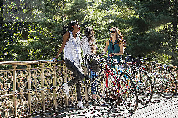 Fröhliche Freunde stehen mit dem Fahrrad am Geländer an einem sonnigen Tag