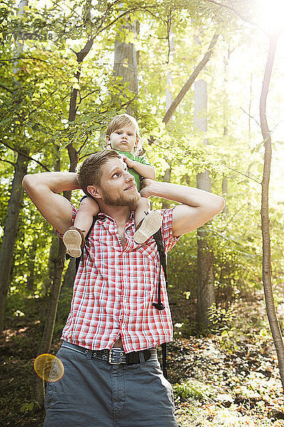 Vater trägt Sohn auf den Schultern  während er im Wald steht