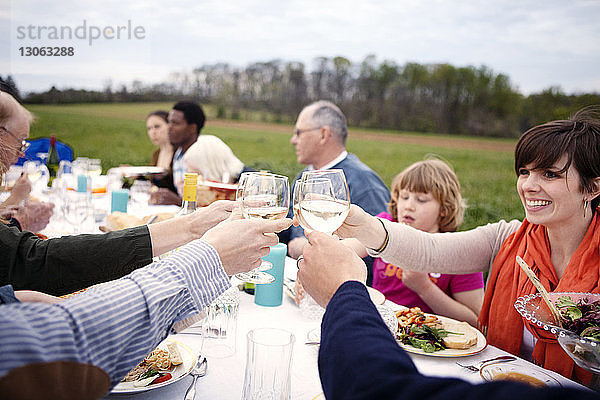 Familie und Freunde stoßen am Picknicktisch auf Weingläser an