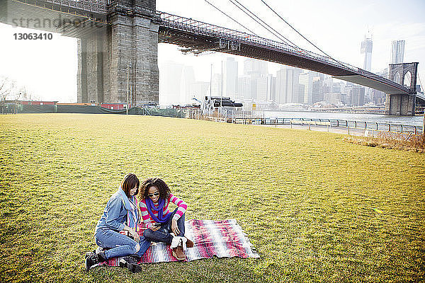 Freunde telefonieren  während sie im Park vor der Brooklyn Bridge sitzen