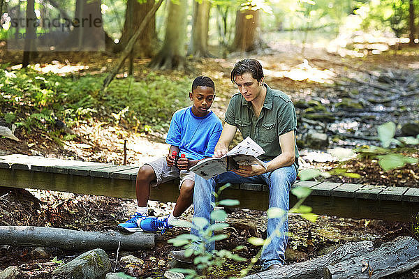 Lehrer zeigt Schülern ein Buch  während er auf einem Steg im Wald sitzt