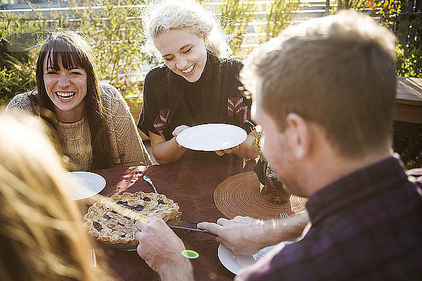Hochwinkelansicht von Freunden  die während einer Gartenparty Kuchen essen