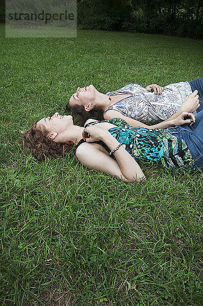 Glückliche Freunde liegen auf einem Grasfeld