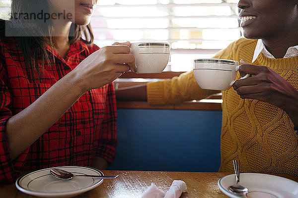 Mitschnitte von Freunden  die Cappuccino trinken  während sie im Café sitzen