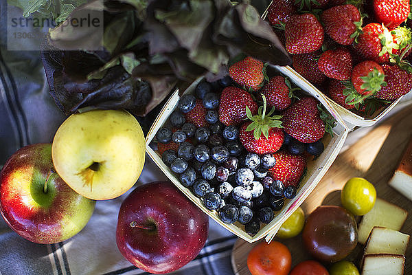 Hochwinkelansicht von Früchten auf einer Picknickdecke