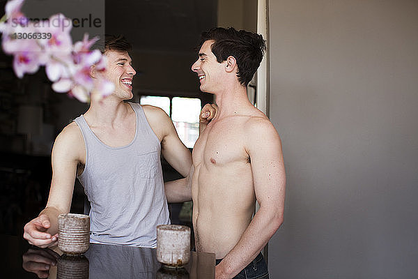 Lächelndes schwules Paar steht zu Hause an der Küchentheke