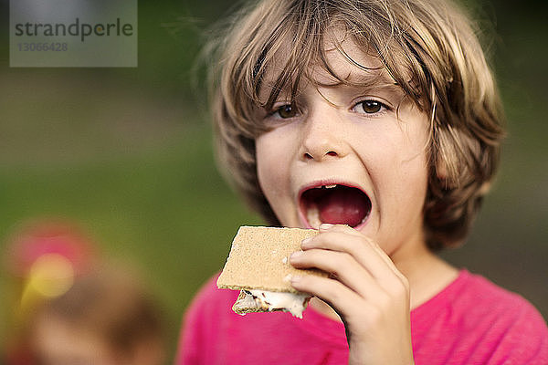 Porträt eines Jungen  der Smores isst