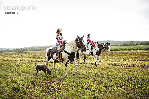 Freundinnen reiten zu Pferd gegen den Himmel