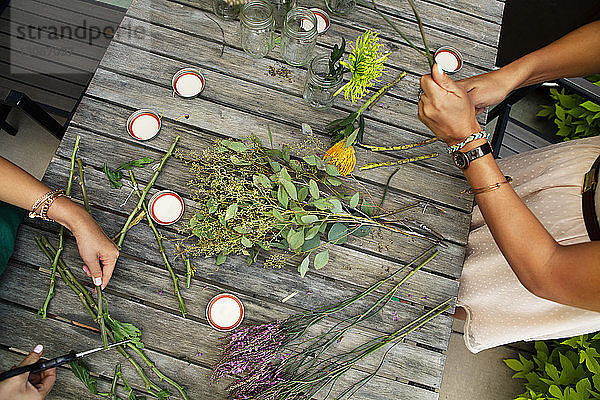 Beschnittenes Bild von Freunden  die Pflanzenstängel am Holztisch schneiden