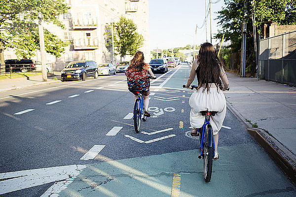 Rückansicht von Freunden  die auf der Straße in der Stadt Fahrrad fahren