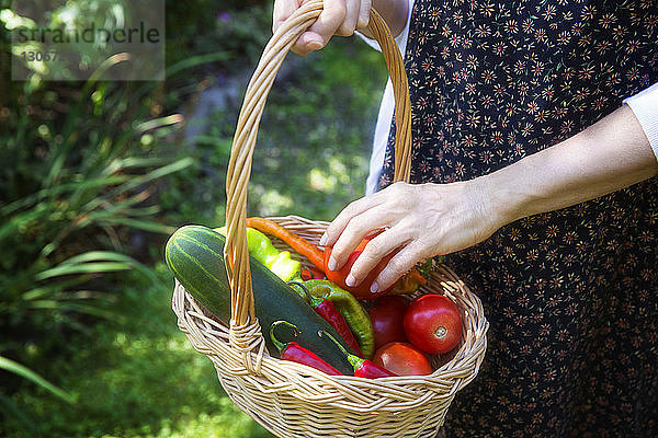 Ausgeschnittenes Bild einer Frau  die auf dem Hof Gemüse in einem Korb hält