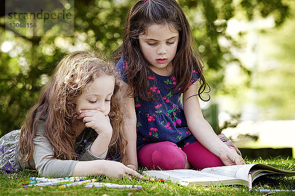 Mädchen betrachten Malbuch  während sie sich auf dem Feld entspannen