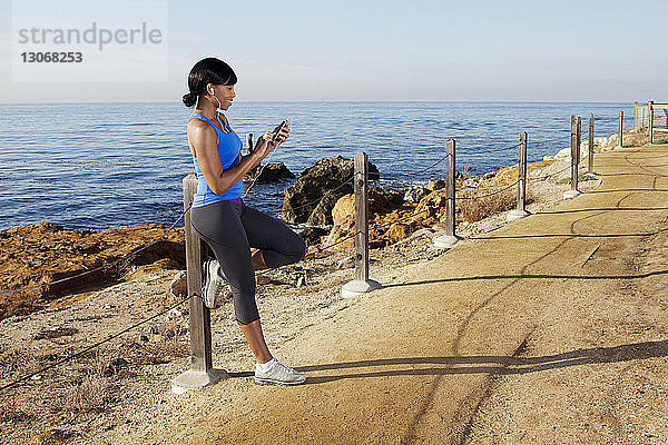 Seitenansicht einer Frau  die ein Smartphone benutzt  während sie sich an der Reling auf der Straße gegen das Meer lehnt