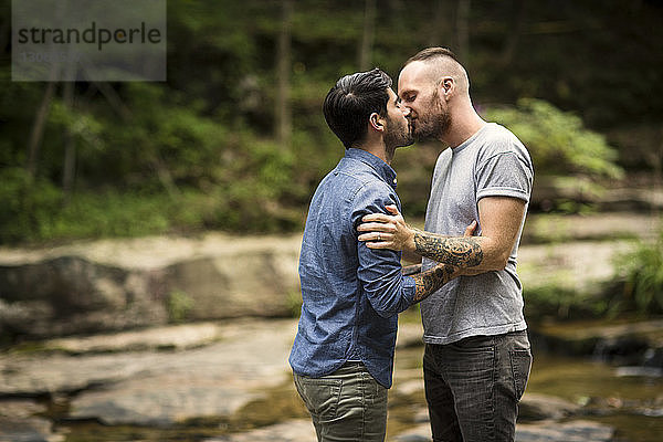 Homosexuelles Paar küsst sich im Wald
