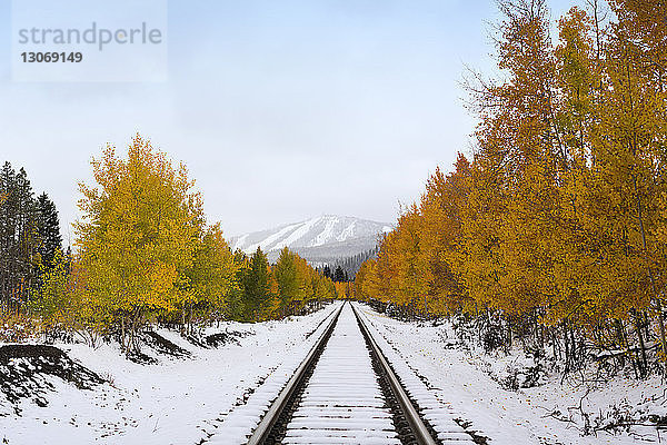 Schneebedeckte Eisenbahnschienen inmitten von Bäumen gegen den Himmel