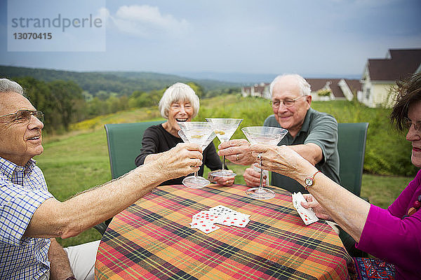Freunde stoßen auf ein Martini-Glas an  während sie am Tisch auf dem Rasen sitzen