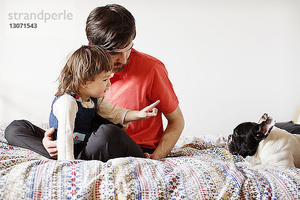 Mädchen zeigt auf Hund  während sie mit Vater auf dem Bett sitzt