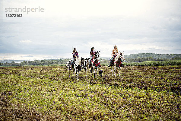 Weibliche Freunde reiten auf Pferden gegen den Himmel