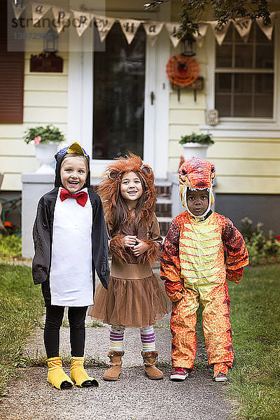 Porträt von lächelnden Freunden in Halloween-Kostüm im Hof stehend