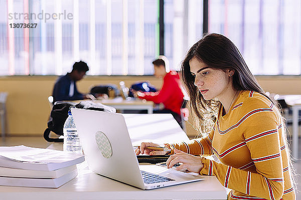 Seitenansicht einer Frau  die einen Laptop benutzt  während männliche Freunde im Hintergrund in der Bibliothek studieren