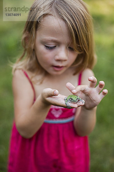 Süßes Mädchen spielt mit Frosch im Hof