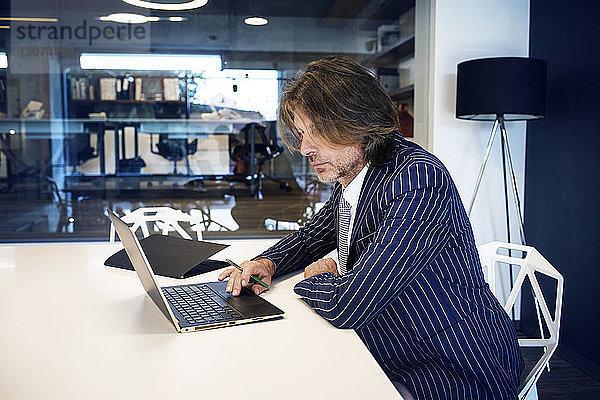 Reifer Geschäftsmann benutzt Laptop-Computer  während er im Büro sitzt
